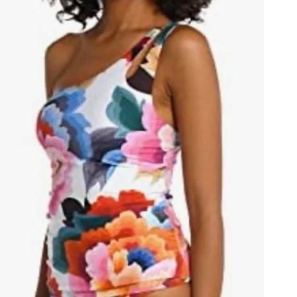 La Blanca Tankini Top Sz 4 Floral Rhythm One Shoulder Keyhole Tummy Control NWT